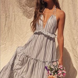 Lulus Vacay Babe Grey Striped Halter Maxi Dress